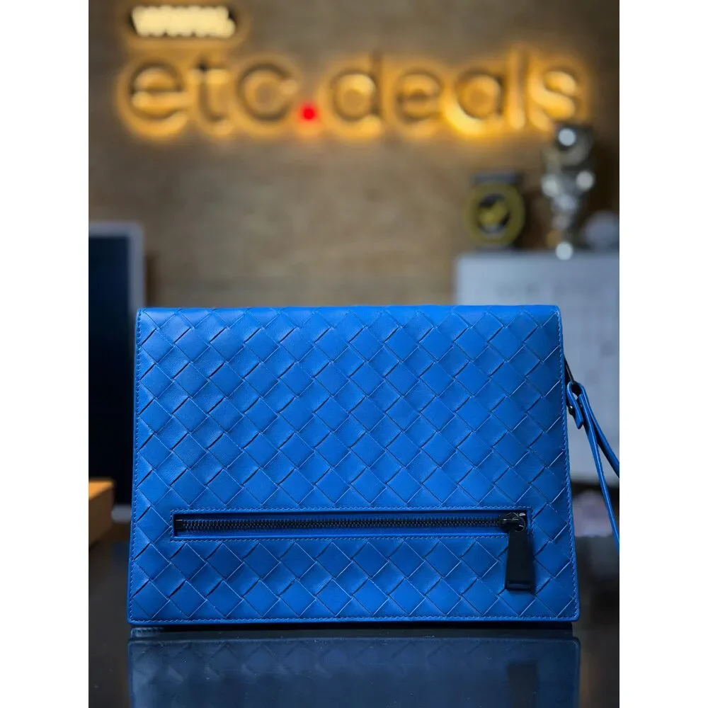 Bottega Veneta Intrecciato Blue Leather Document Case Clutch Wristlet